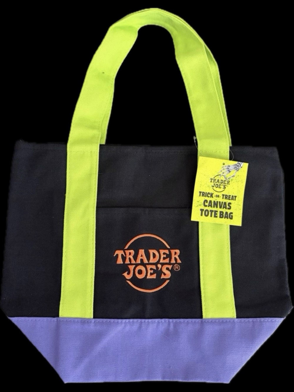 Trader Joe’s Black Canvas Tote Bag with Neon green Handles and Purple Base